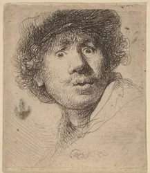 Autoportrait en casquette, bouche ouverte