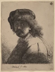 Autoportrait avec une casquette et une écharpe, le visage dans l