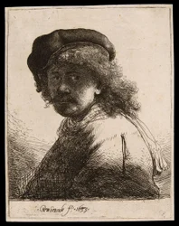 Autoportrait avec un bonnet et une écharpe, visage sombre : buste