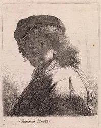 Autoportrait avec une casquette et une écharpe, le visage dans l