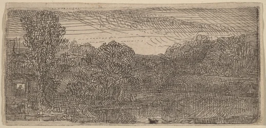 Petit paysage gris : une maison et des arbres au bord d