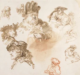 Études de têtes de vieux hommes et trois femmes avec enfants, vers 1635-36