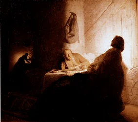 Le souper à Emmaüs. Le Christ apparaît aux pèlerins assis à une table dans une auberge d
