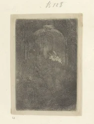 Femme dans une porte, parlant avec un homme avec des enfants (série: Recueil de quatre-vingt-cinq estampes originales)