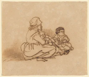Femme assise par terre avec deux enfants