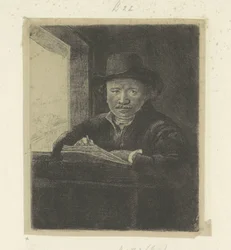 Autoportrait, dessinant à une fenêtre