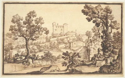 Paysage avec un homme se reposant, des fermes et un château