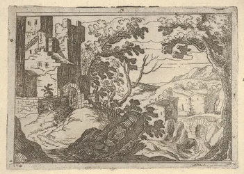 Paysage avec des bâtiments à gauche et un pont à droite en bas, ca. 1620-50