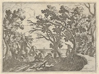 Paysage avec pêcheur à terre et observateur masculin sous les arbres, un homme dans un bateau