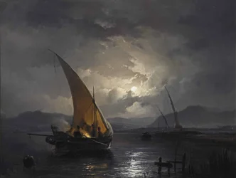 Paysage nocturne avec un voilier où un feu est allumé