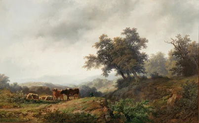 Paysage ouvert avec vaches et bergers