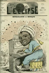 Mitrailleuse avec musique, caricature de Jules Renard Draner (1833-1926), spécialiste de la vie militaire de toutes les nationalités. Couverture de « L