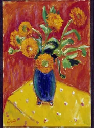 Bouquet de pivoines dans un vase bleu
