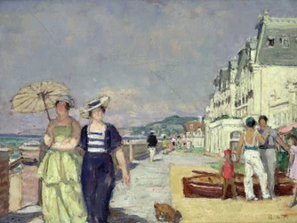 Femmes élégantes sur le front de mer à Cabourg, c.1929