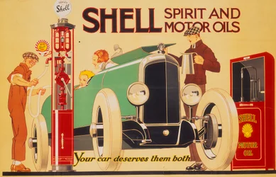 Affiche publicitaire pour les spiritueux et huiles moteur Shell