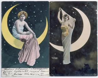 Cartes postales hongroises (à gauche) et françaises (à droite) représentant une femme et un croissant de lune (vers 1910)