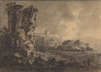 Paysage classique avec ruine à gauche, deux figures à droite