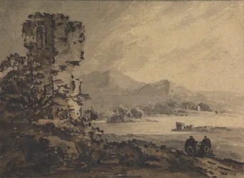 Paysage classique avec deux figures à cheval à droite