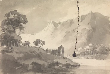 Paysage avec château, rivière et montagne