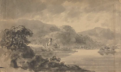 Paysage avec rivière, château et montagnes