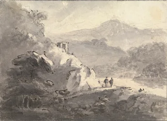 Paysage avec deux figures sur une route