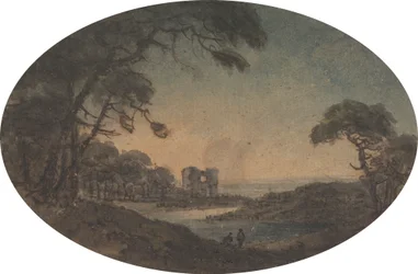 Paysage avec deux hommes et une ruine de château sur la rive