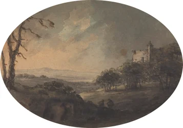 Paysage avec deux hommes sur une colline et un château au loin