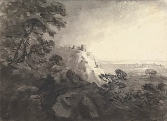 Paysage avec un château sur une colline au centre