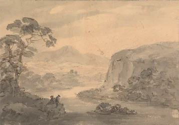 Paysage montagneux avec deux figures surplombant un lac
