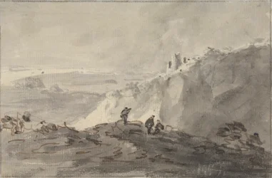 Trois figures dans un paysage vallonné avec des ruines, au-delà