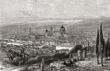 Vue de Florence, Toscane, Italie depuis la terrasse de San Miniato, à la fin du 19e siècle. Extrait de 