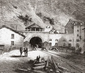 Le tunnel ferroviaire de Fréjus aussi appelé le tunnel du Mont Cenis, Alpes européennes, du côté italien à la fin du XIXe siècle. Tiré de 
