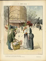 Illustration de Ricardo Flores (1878-1918) dans Le Rire, 25/04/08 - Triple extrait - Architecture urbanisme, Mode, Chapeau, Transport, Fleurs, Boutiques