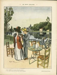 Illustration de Ricardo Flores (1878-1918) dans Le Rire, 04/07/08 - Beaux dimanches - Loisirs, Nature Végétation, Architecture Urbanisme, Restaurant Cafés, Maritime Marine Bord de mer
