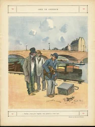 Illustration de Ricardo Flores (1878-1918) dans Le Rire, 05/10/12 - Chez le coiffeur - Paris, Métiers, Architecture Urbanisme, Pont, Rivière Fleuve - Chien, Coiffeur