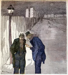 Deux hommes conversant dans une ruelle sinistre - dessin de Ricardon Florès