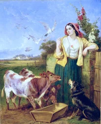 Nourrir les veaux (huile sur toile)