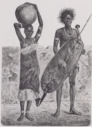 Guerrier Shillook et fille, gravé par Jahrmargt, tiré de 
