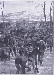 Campement de cavalerie japonaise à Séoul : Maréchaux-ferrants au travail, illustration de l