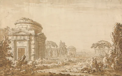 Paysage Italien Classique avec Temples et Aqueduc en Ruine