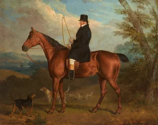 Le révérend W. Parker sur un chasseur bai avec des chiens