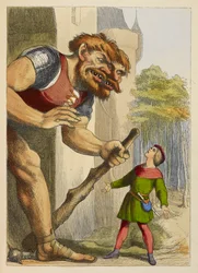 Jack regardant un géant qui a deux têtes. Le géant est gallois. Illustration en couleur dans un livre pour enfants.