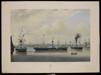 À la Humber Union Steam Packet Company cette gravure du navire à vapeur Wilberforce en trois positions avec une vue du port et de la ville de Hull...