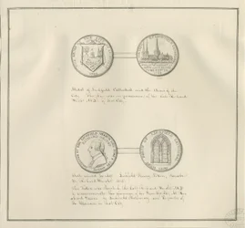 Lichfield - Médailles de la cathédrale de Lichfield et des armoiries de la ville, et un portrait de Richard Greene: dessin à la plume