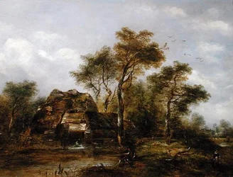Moulin à eau avec homme pêchant