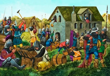 Soldats médiévaux pillant et saccageant