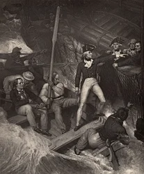 Lieutenant Nelson se portant volontaire pour aborder un prix dans une violente tempête, illustration de 