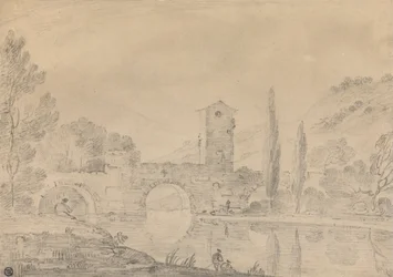 Paysage italien avec pont à trois arches, maison de pont, figures sur la rive proche et peupliers sur la rive lointaine