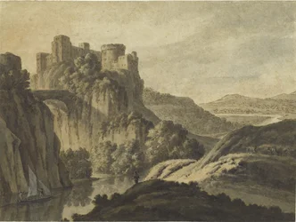 Paysage fluvial avec un château sur un escarpement, 1780