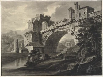 Fantaisie architecturale avec un pont antique sur une rivière, et un moulin à eau au premier plan